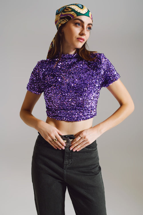 Cropped High Neck Top in Purple Sequin — view 1 of 4