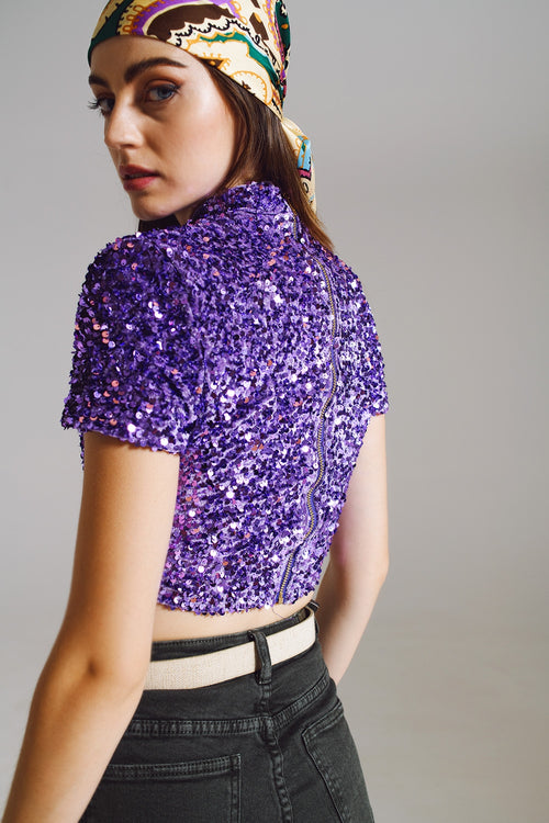 Cropped High Neck Top in Purple Sequin — view 2 of 4