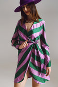 Satin Wrap Dress in Lilac and Green Striped Print