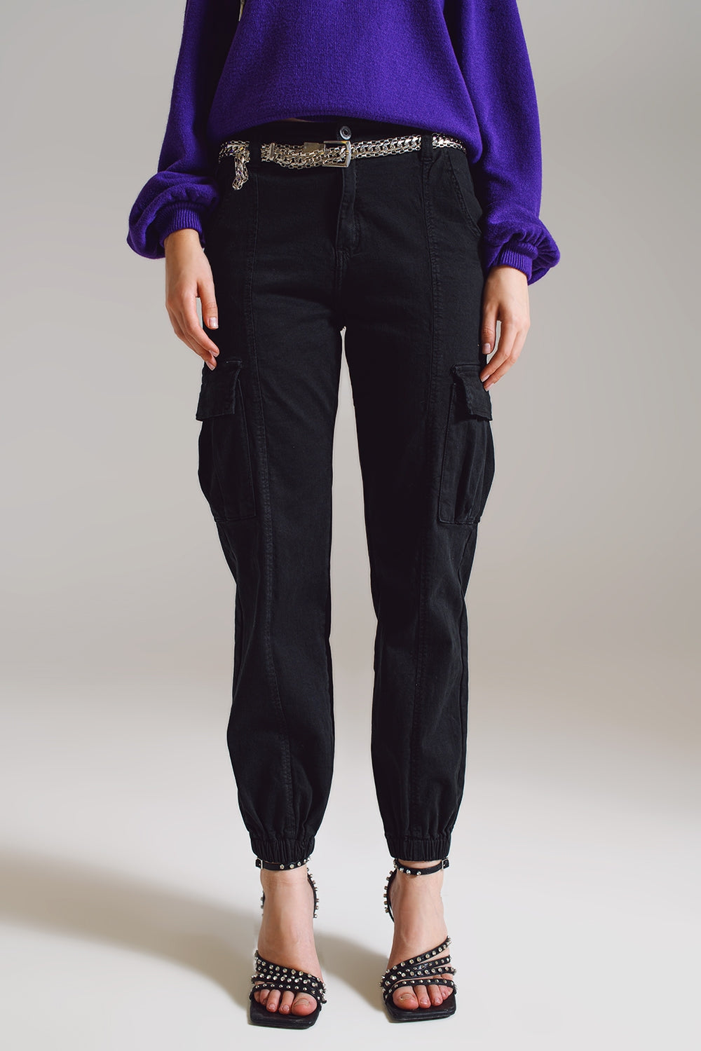 black cargo pants with elasticated waist and hem