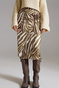 Wrap skirt with gathered detail at the side in Olive Green and Cream Zebra Print