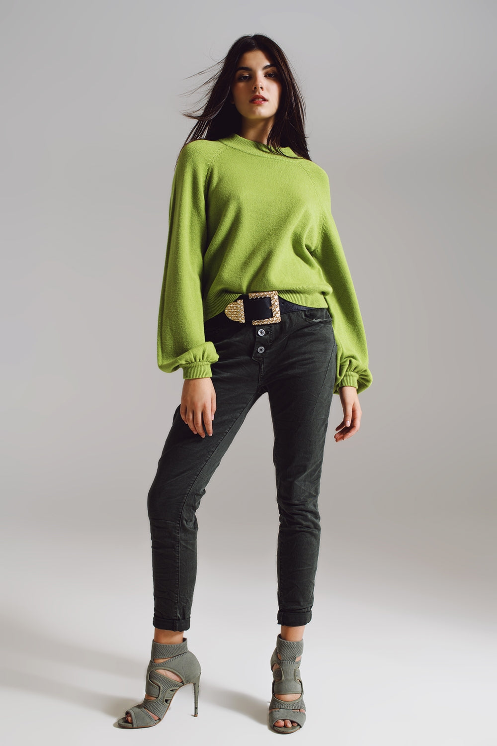 relaxed style green jumper with balloon sleeves