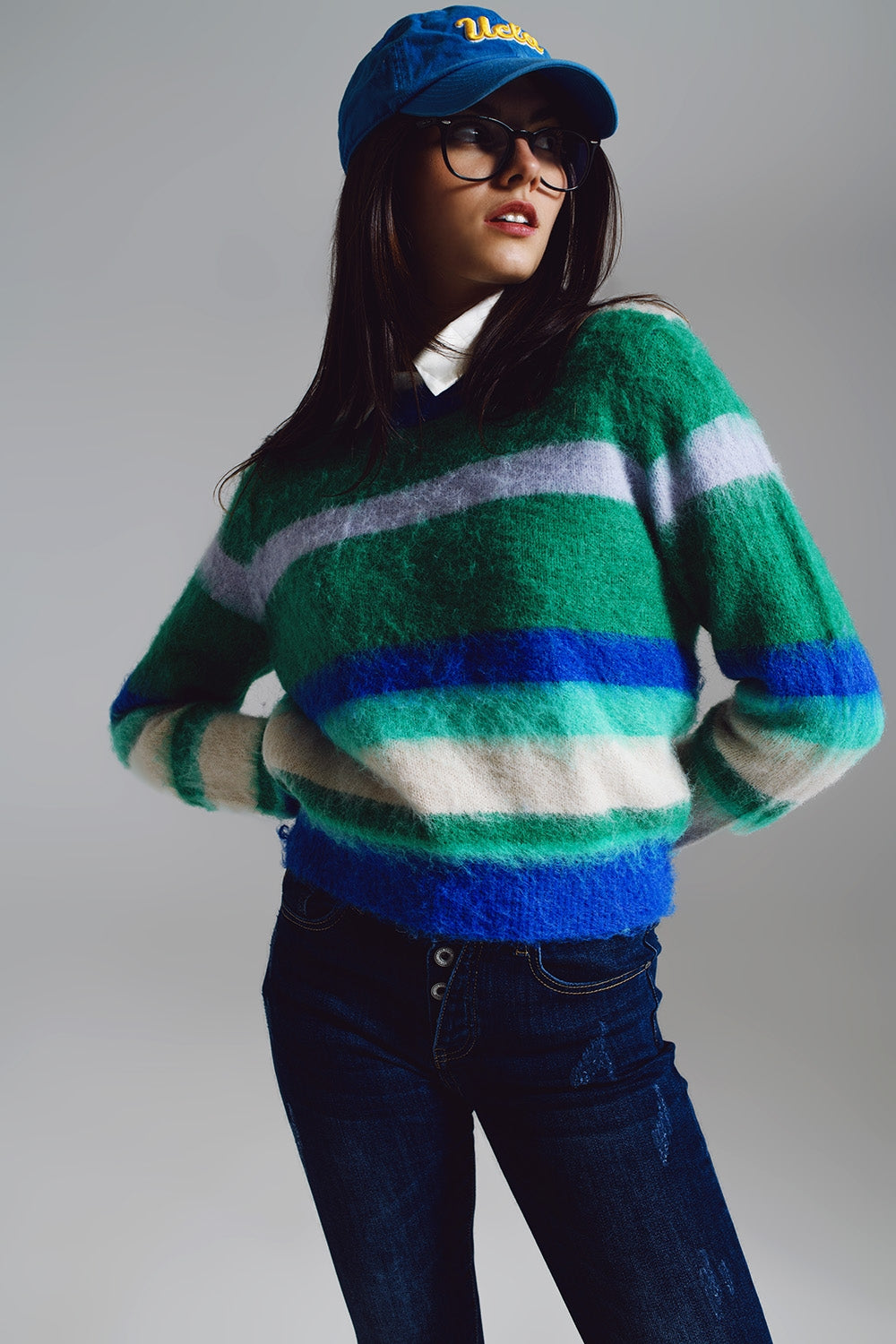 Fluffy Stripy Sweater in Shades of Blue Green and White.