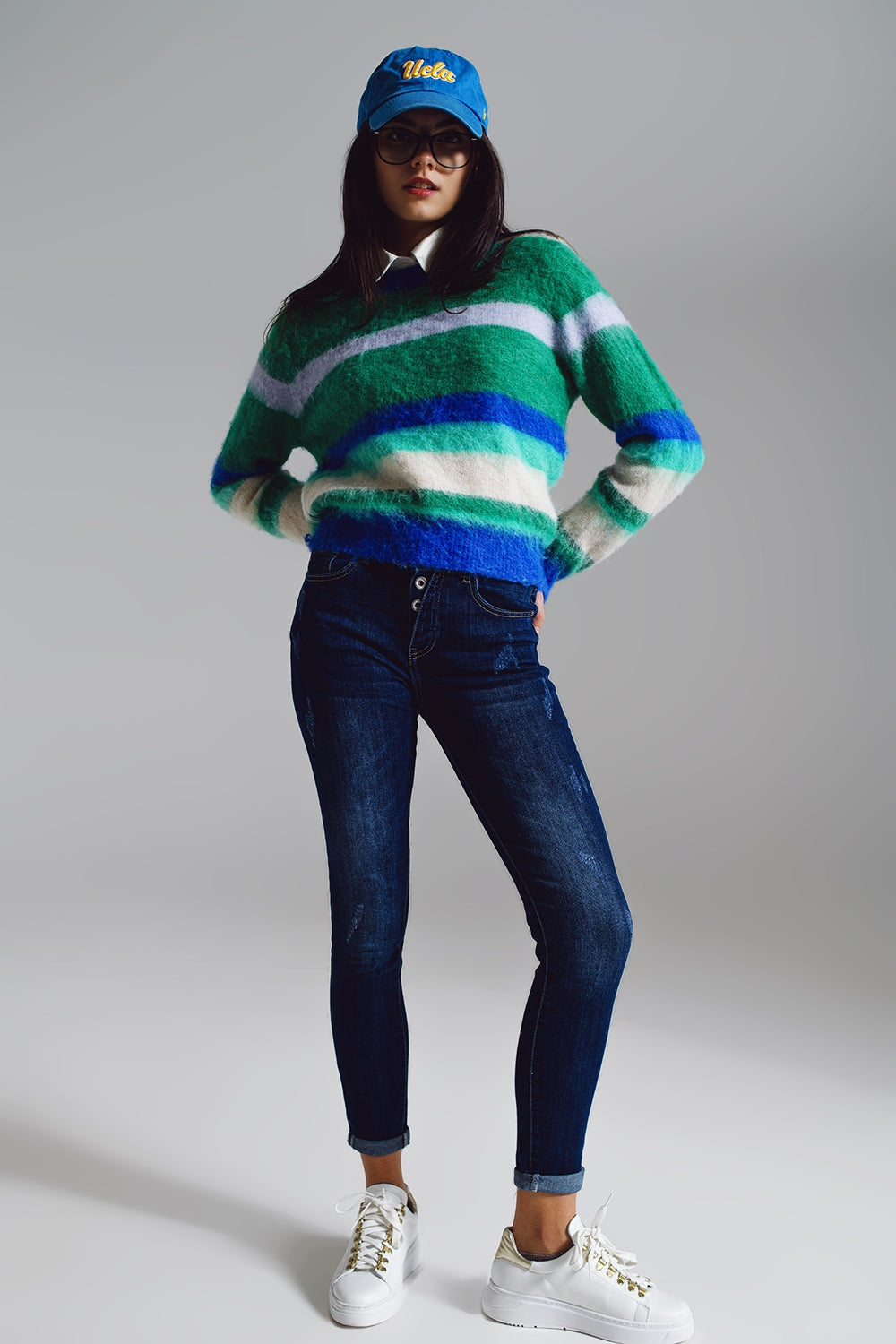 Fluffy Stripy Sweater in Shades of Blue Green and White.
