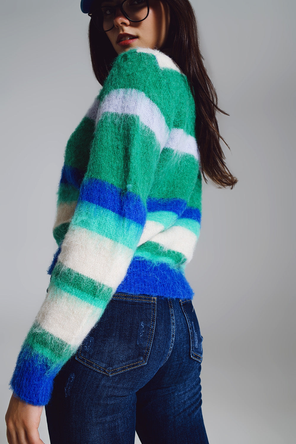 Fluffy Stripy Sweater in Shades of Blue Green and White.