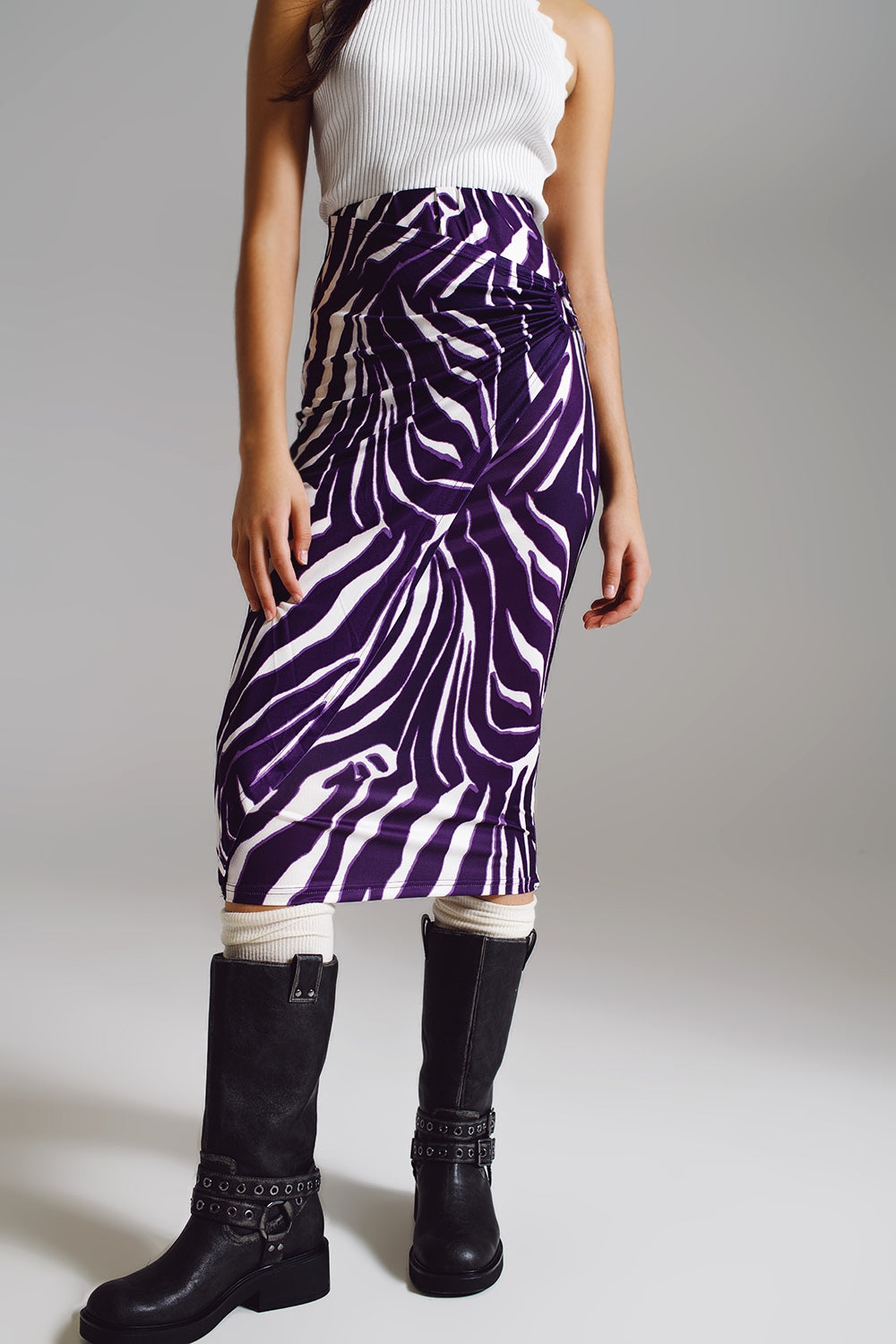 Wrap skirt with gathered detail at the side in Purple and Cream Zebra Print