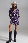 Wrapped Long Sleeve dress With Belt in Cream and Purple Zebra Print