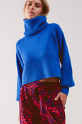 Blue ribbed knit turtleneck jumper with balloon sleeves