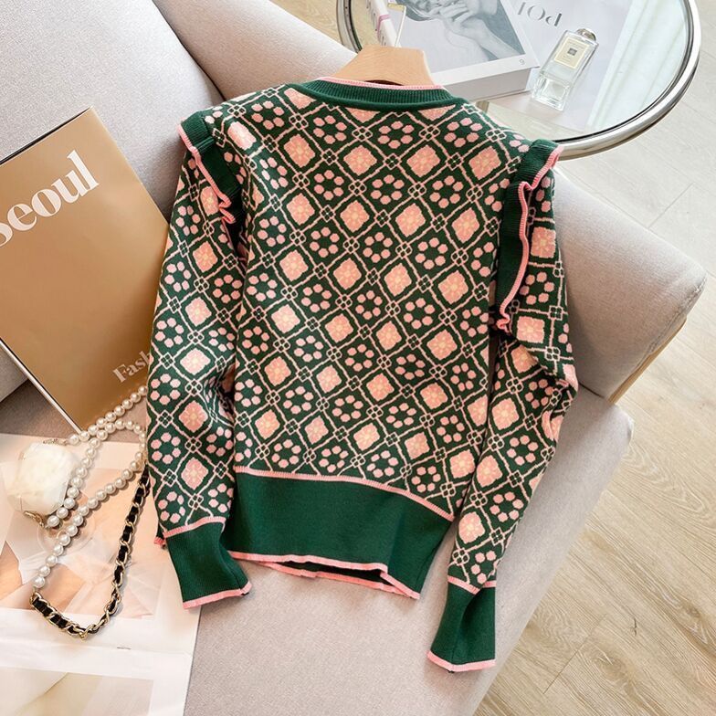 UNIKCOSA Luxe Printed Knit Sweater Green For Work Wear 💫