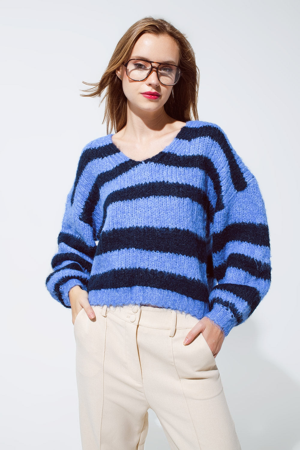 Oversized Blue Stripy Fluffy Sweater With Balloon Sleeves