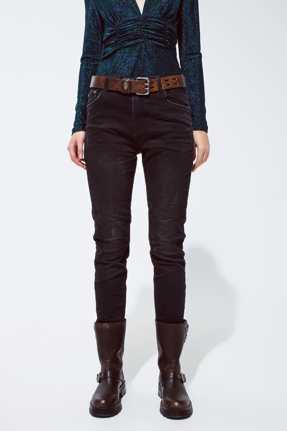 black jeans with elastic waist and cord