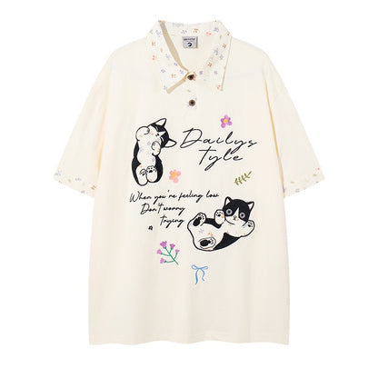 UNIKCOSA RetroMuse Cat Embroidered Short Sleeve Polo Shirt 💫