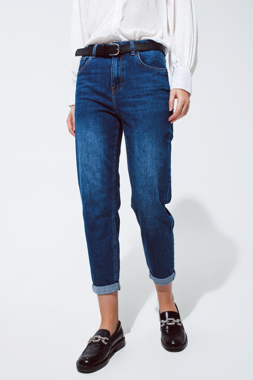 Mum Jeans in Medium Wash With Folded Hem