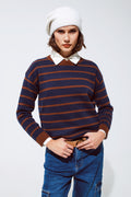 Crew Neck Stripy Sweater in Navy and Rust Orange