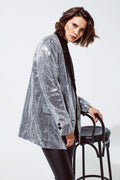 Silver Sequin tuxedo Blazer with Satin Black Lapels