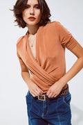 Orange shiny wrap short sleeve Vneck top