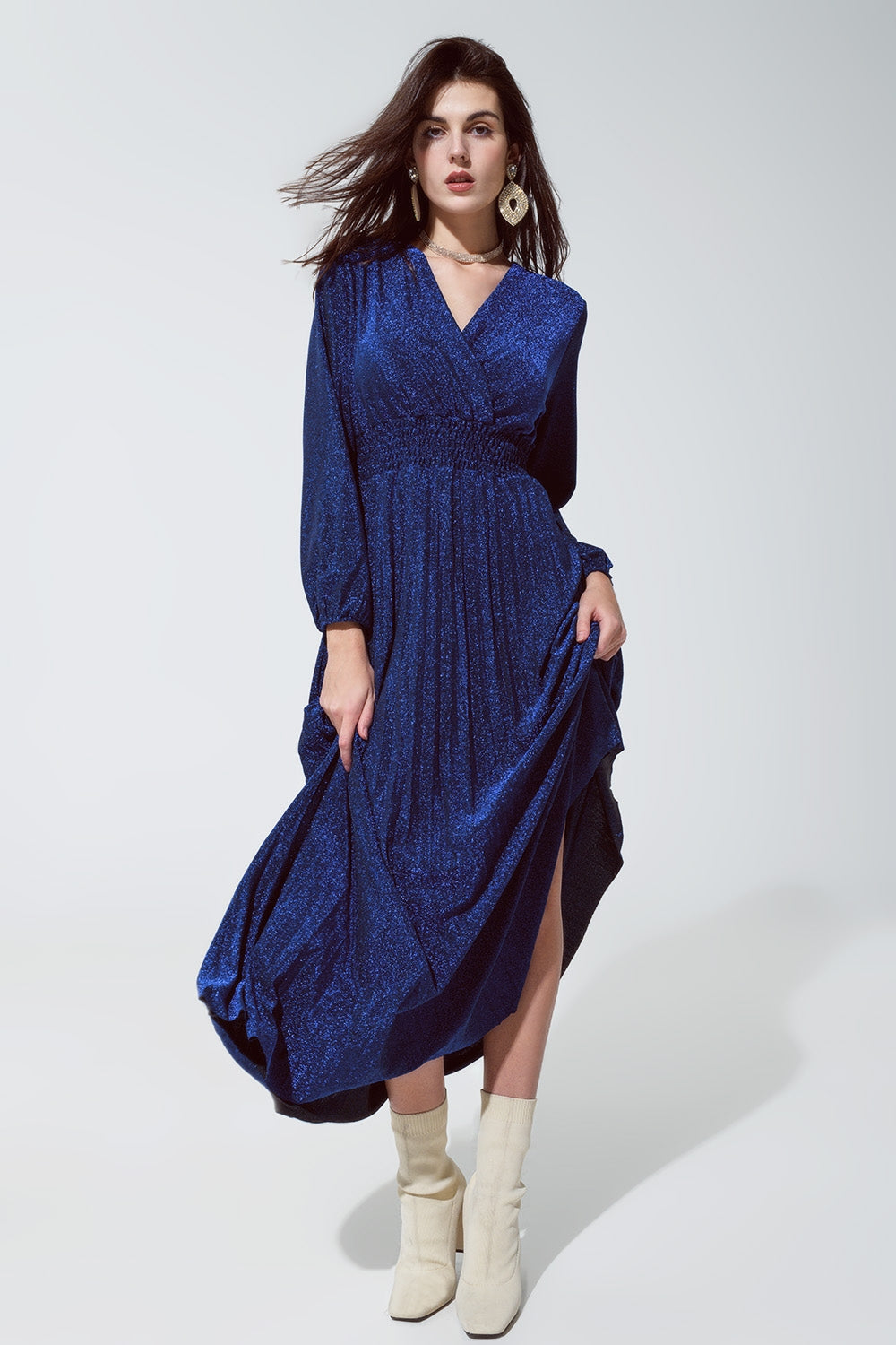 Blue shiny fitted high waist maxi dress with V neck