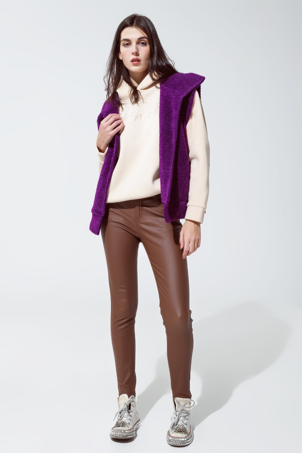leatherette effect super skinny pants in light brown