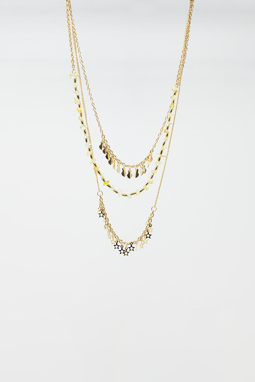 3 in 1 Long Necklace in Gold With a Variety of Beads and stars