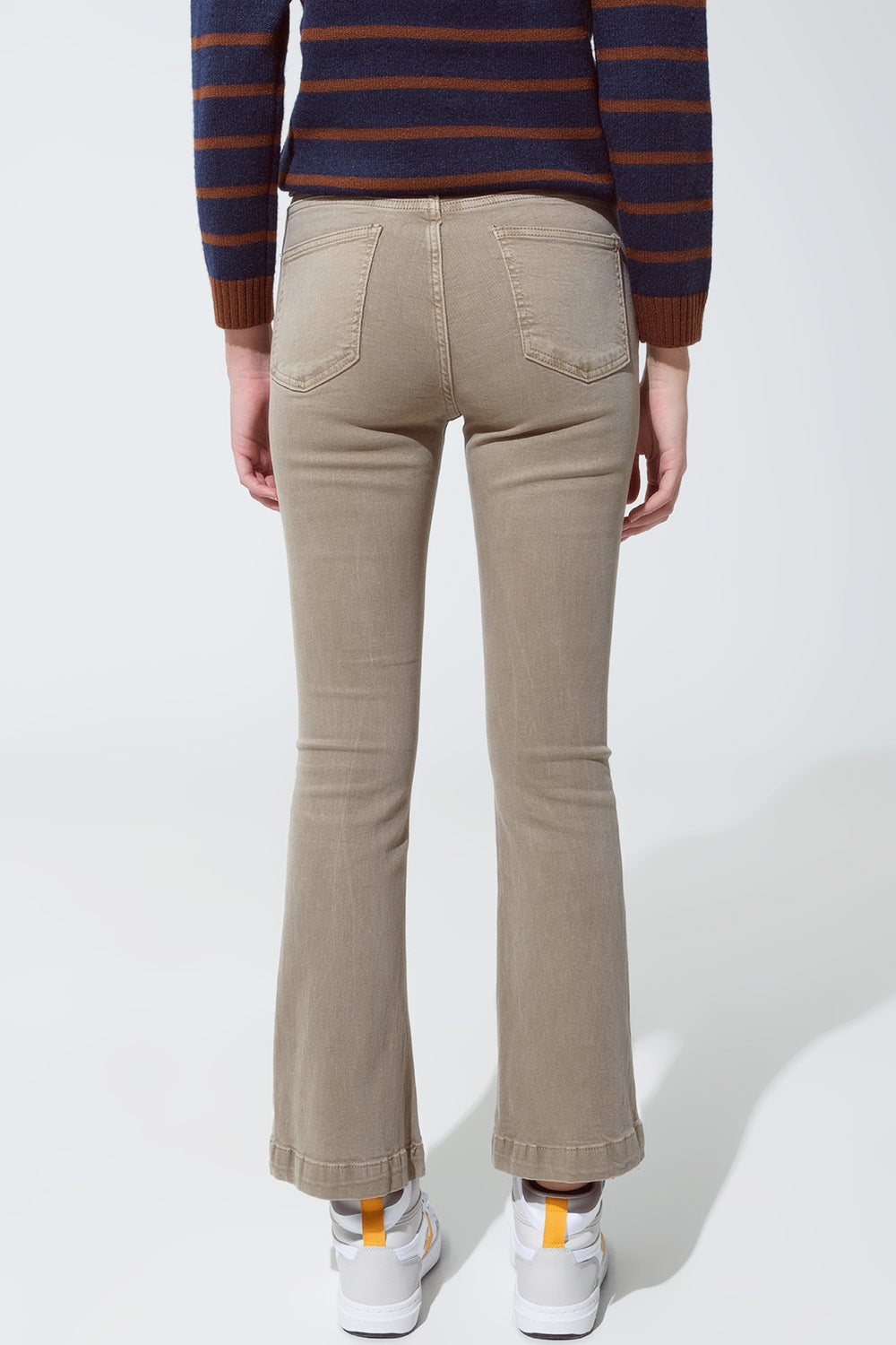 Skinny Flared Jeans With Double Button Detail in Beige