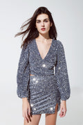 V-Neck Cropped Sequin Top With Balloon Sleeves in Silver