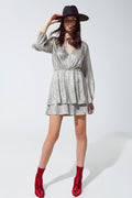 Wrap Long Sleeve Tiered Silver Dress
