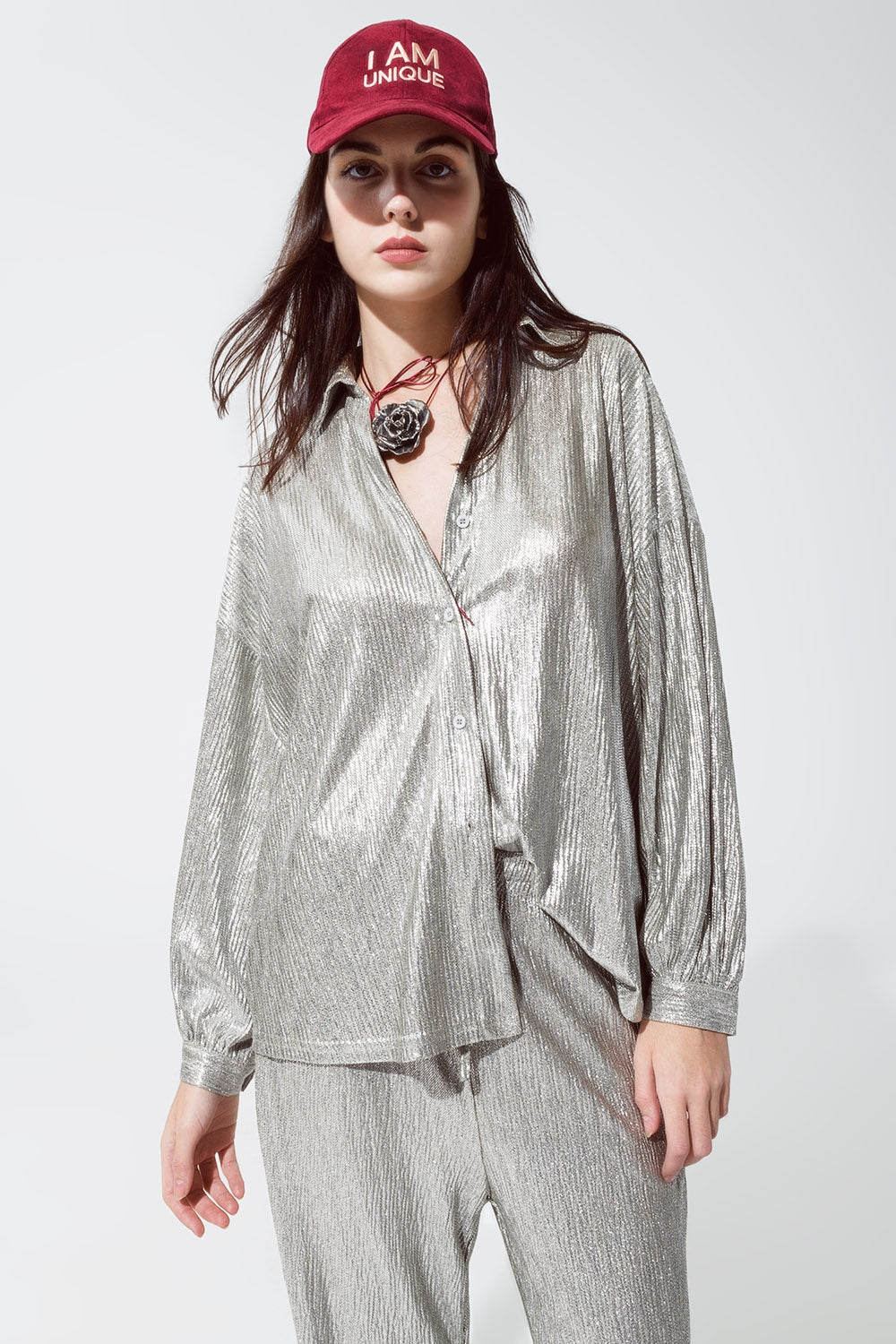 Relaxed Fit Button Down Shirt With Balloon Sleeves in Silver