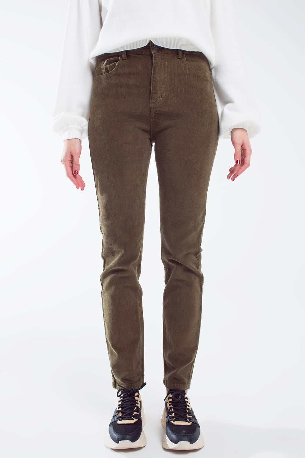 skinny cord pants in olive green