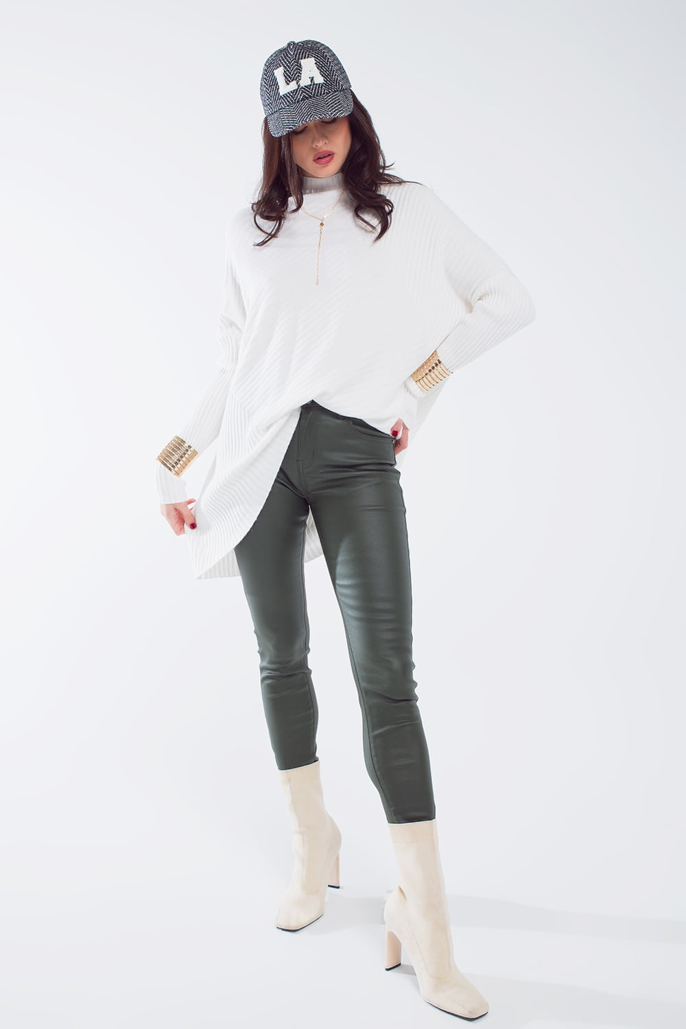 leatherette effect super skinny pants in olive green