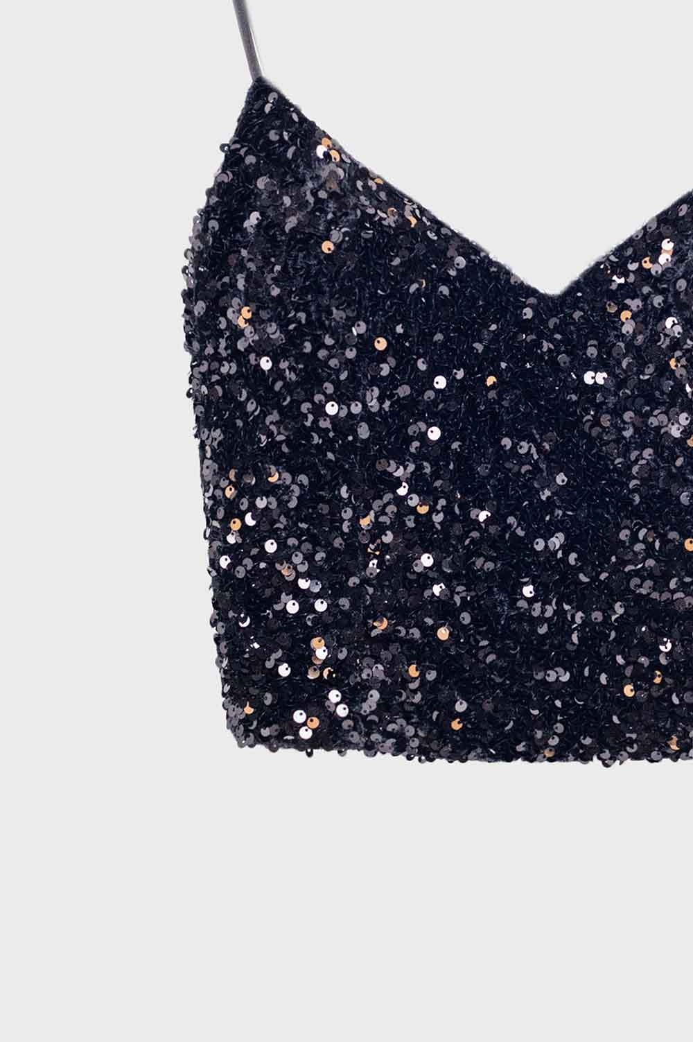 cropped sequin glitter top in black