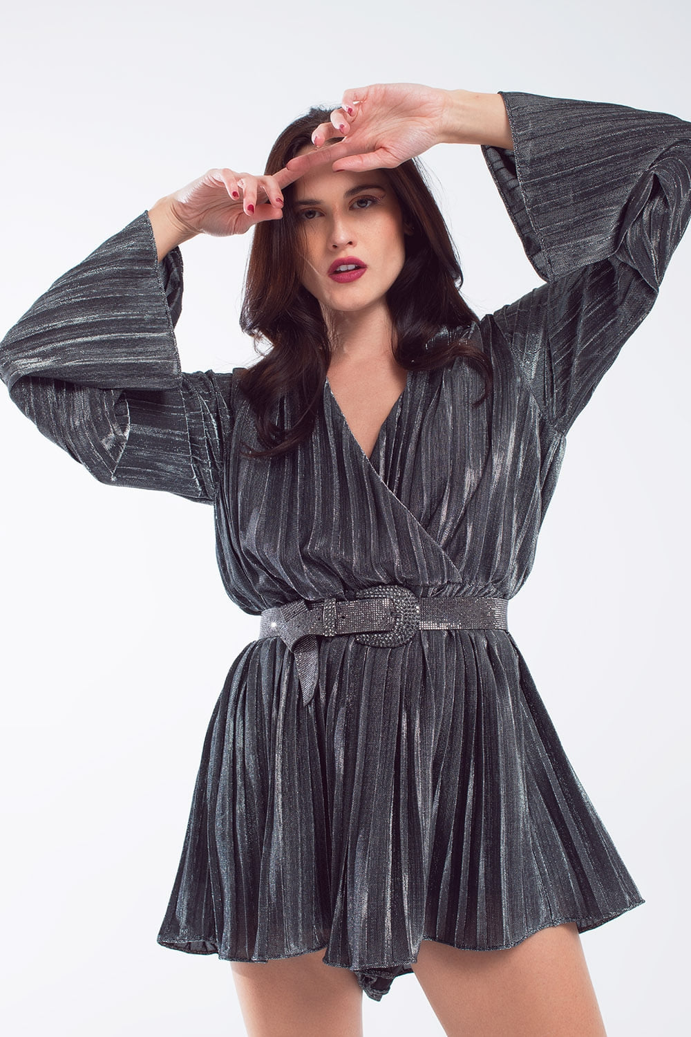 UNIKCOSA Glitter playsuit in silver with V neck