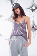 Spaguetti Strap Top With Deep V-Neckline In Silver Sequins