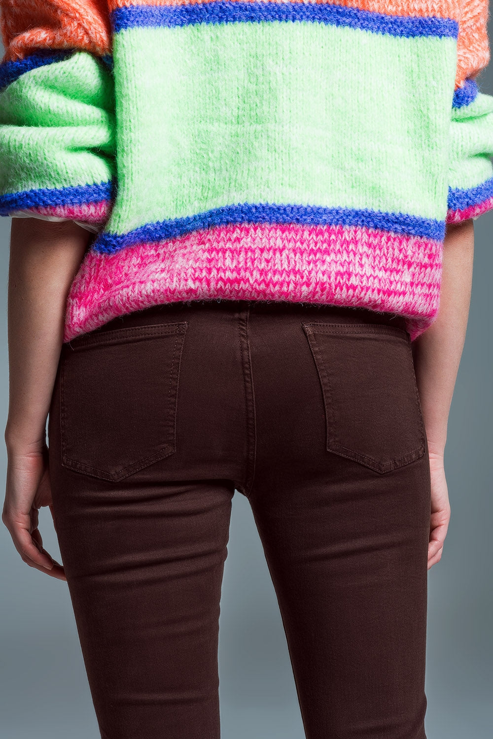 Skinny Flared Jeans With Double Button Detail in Brown