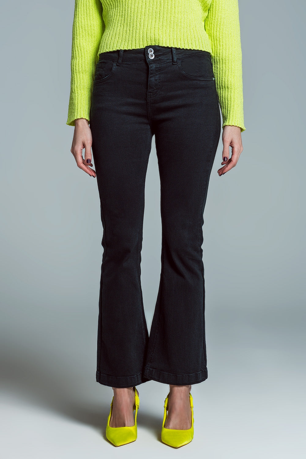 Skinny Flared Jeans With Double Button Detail in Black