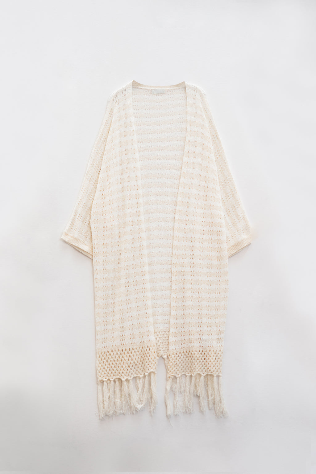 Cream Boho Style Cardigan With Stripes Pointelle Knit and Fringe Details