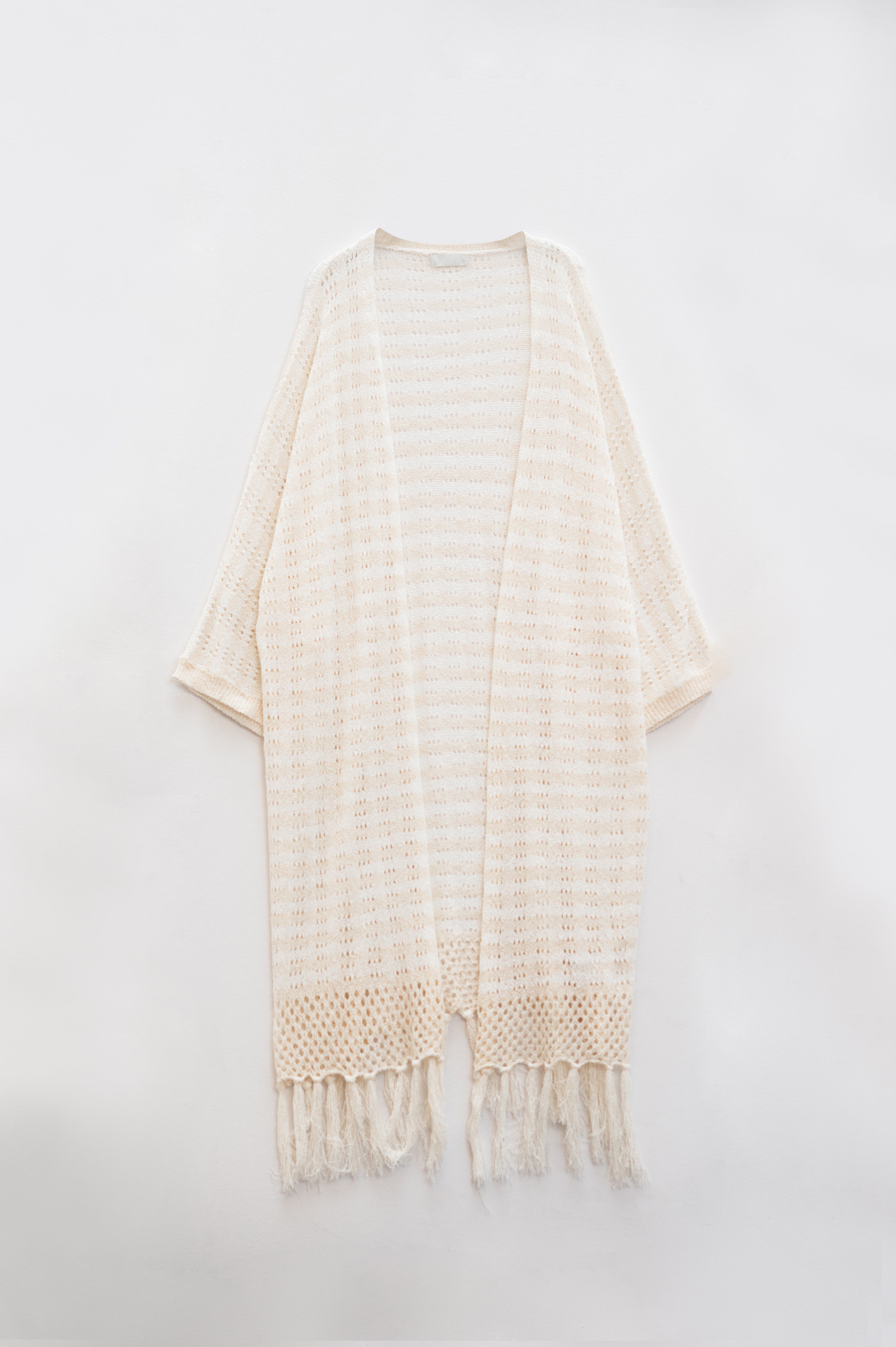 Cream Boho Style Cardigan With Stripes Pointelle Knit and Fringe Details