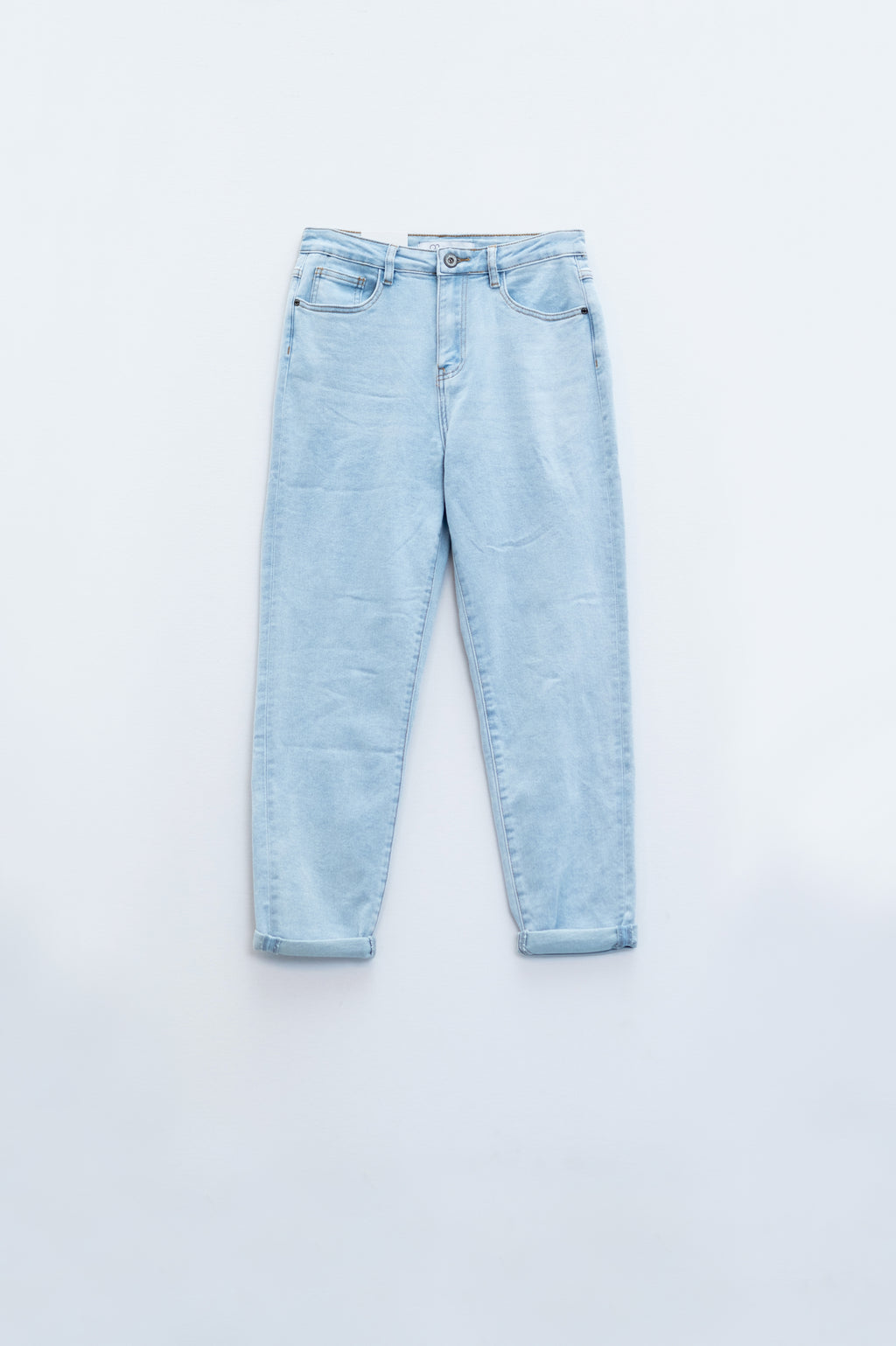 Straight light blue jean with hem and five pockets