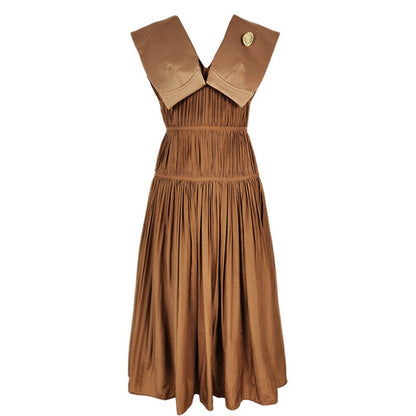UNIKCOSA Velora V Neck Sleeveless Pleated Dress Khaki 💫