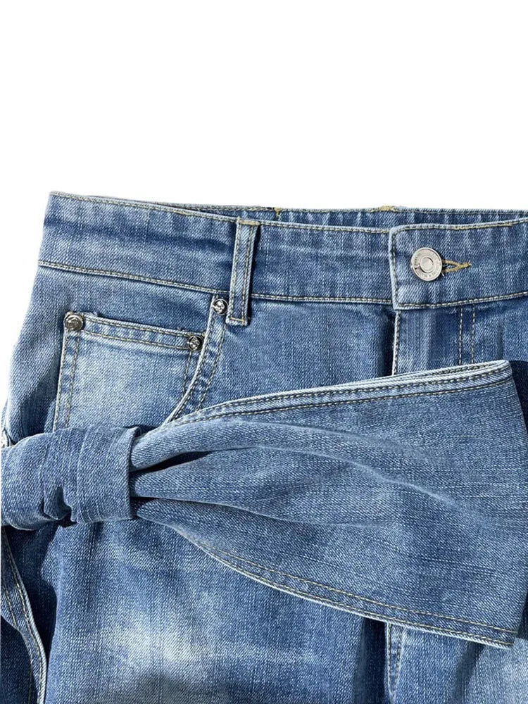 UNIKCOSA 3D Bow Strapless Denim Set — Chic Tube Top & Distressed Wide-Leg Jeans 💙