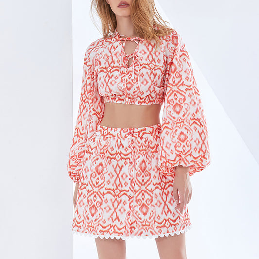 UNIKCOSA SoleilTie V-Neck Blouse & Slit Skirt Set