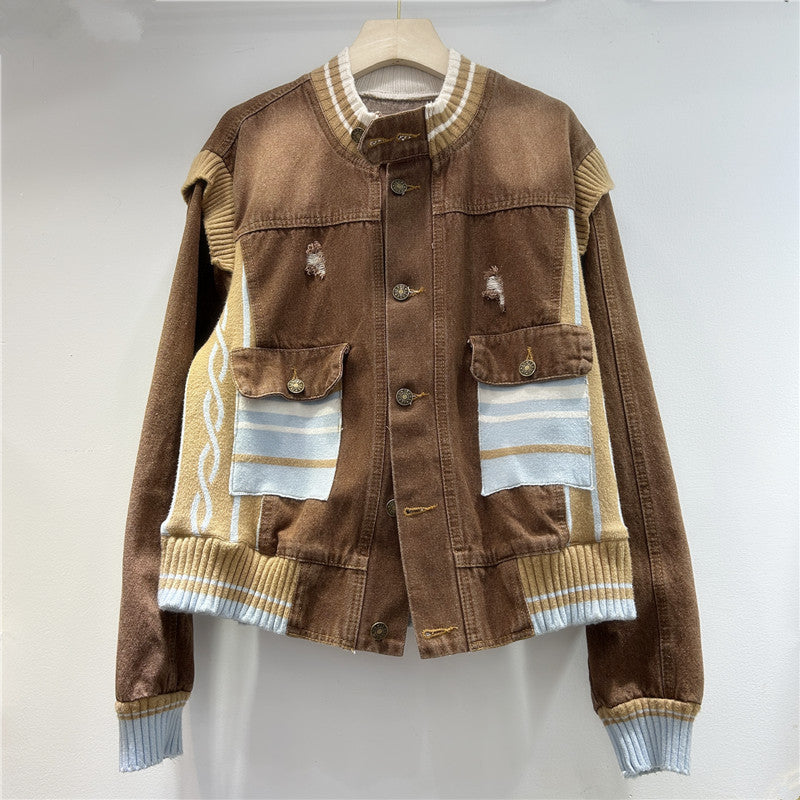 Unikcosa Women's Stand Collar Contrast Stitching Loose-Fit Denim Jacket