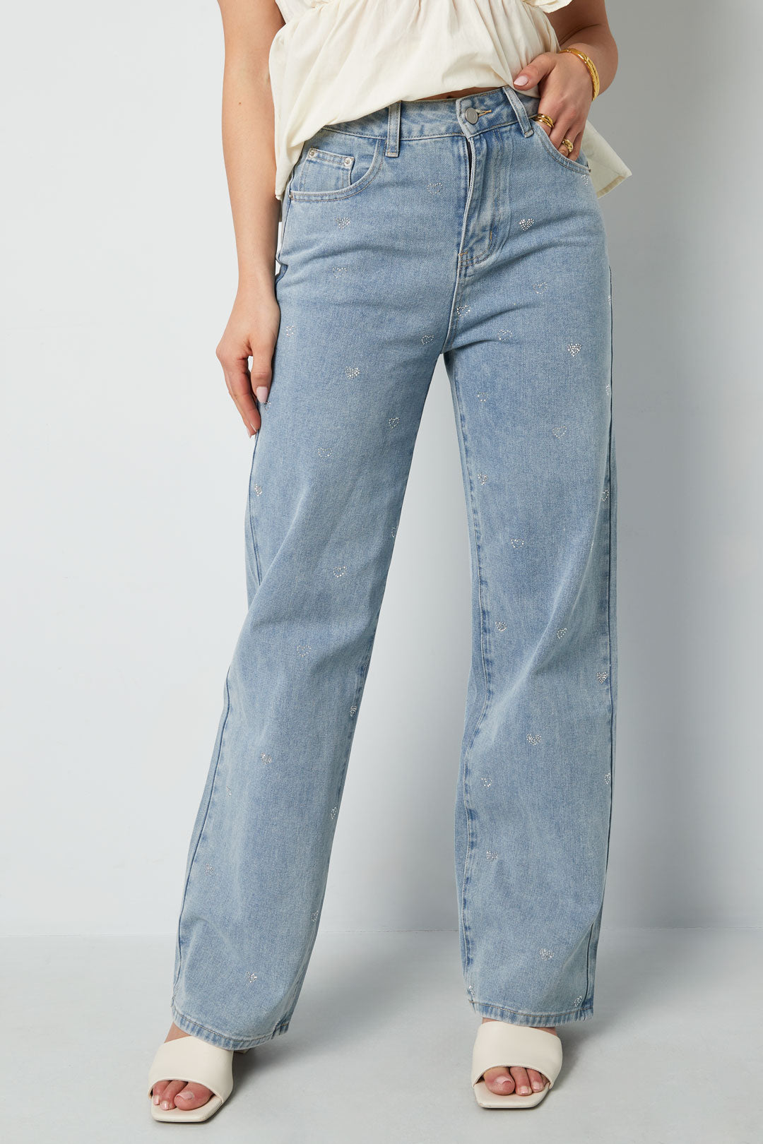 Cotton Woven Women's Straight Leg Denim Pants Heart Embroidery Casual