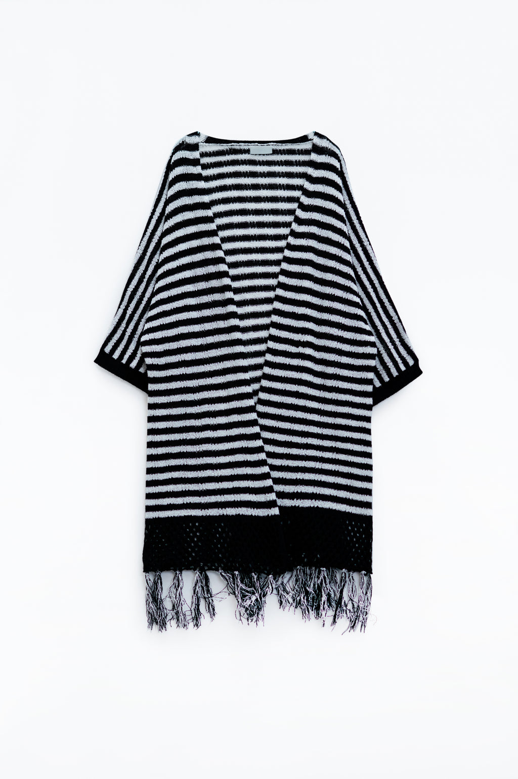 Black Boho Style Cardigan With Stripes Pointelle Knit and Fringe Details