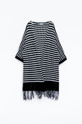 Black Boho Style Cardigan With Stripes Pointelle Knit and Fringe Details