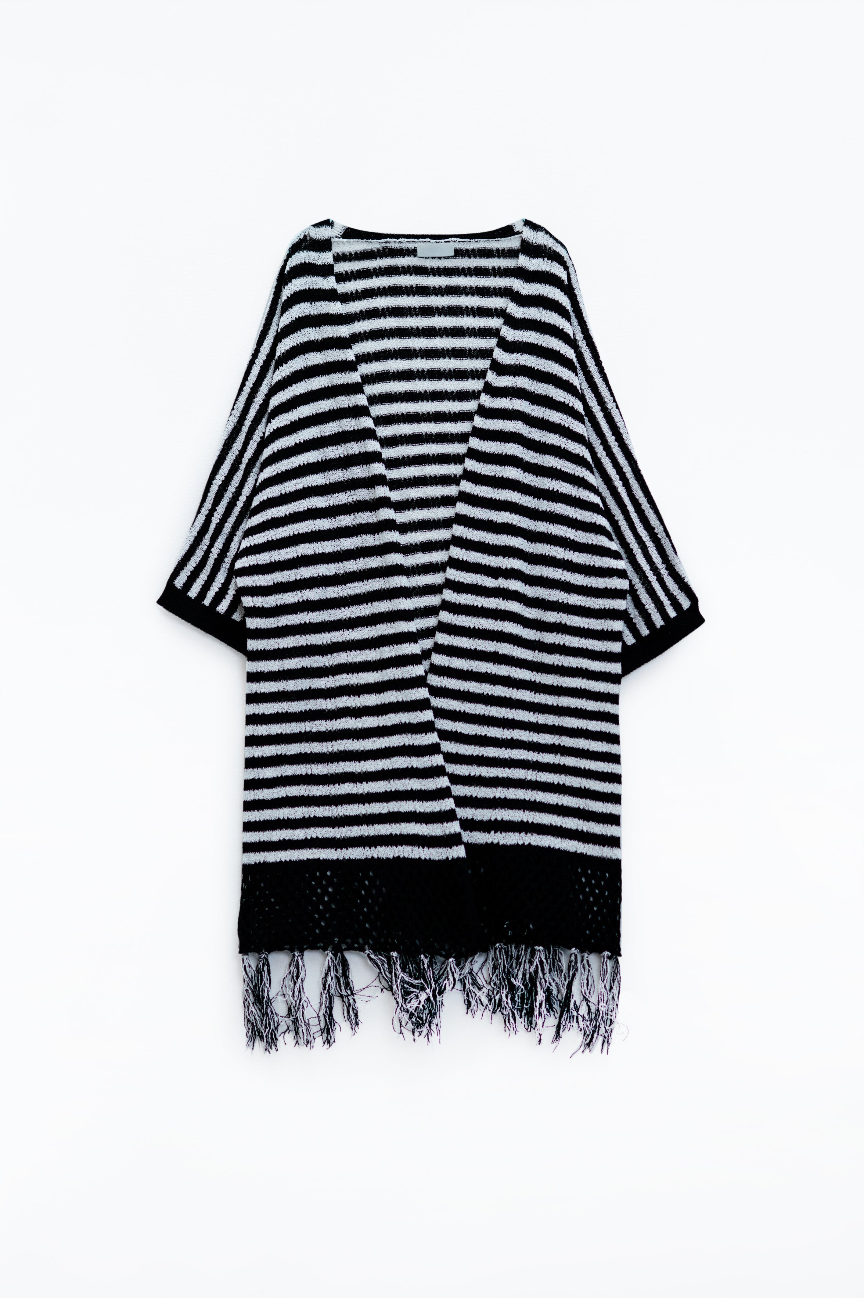 Black Boho Style Cardigan With Stripes Pointelle Knit and Fringe Details
