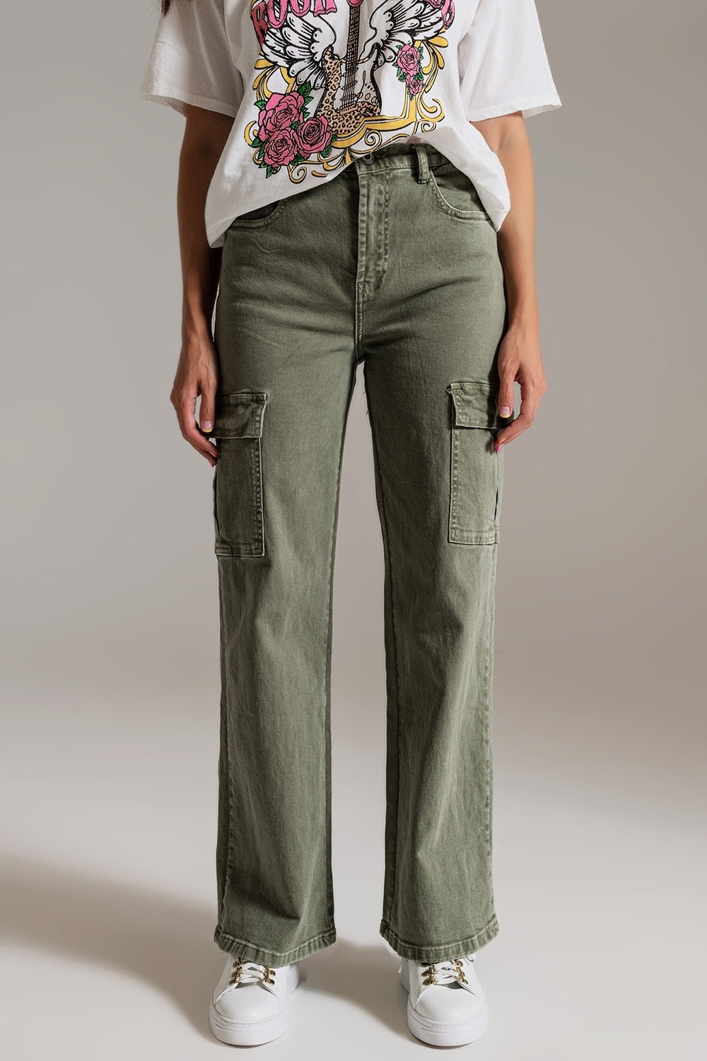 UNIKCOSA Straight Leg Cargo Jeans in Olive Green