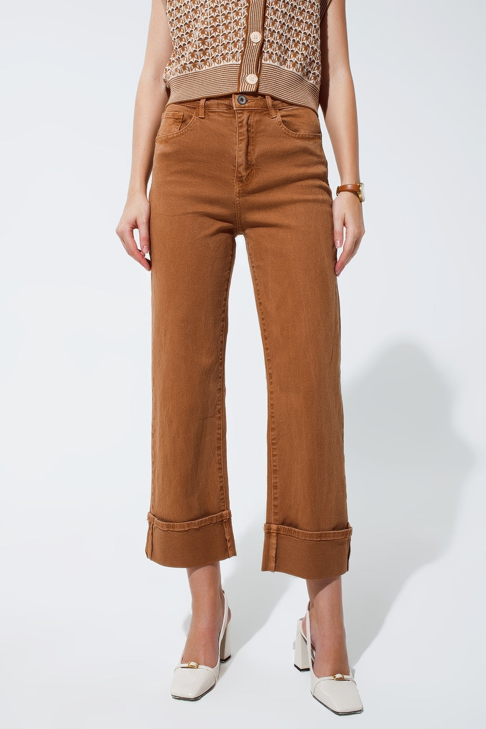 Straight leg jeans in camel with folded trouser legs