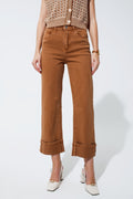 Straight leg jeans in camel with folded trouser legs