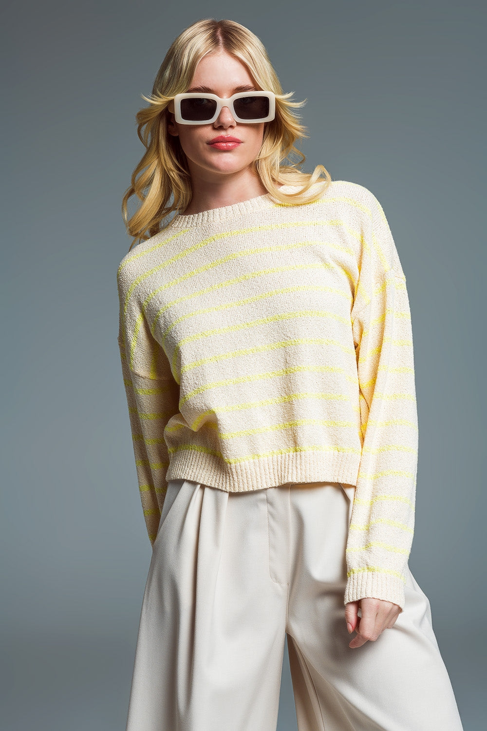 Sweater With Drop Shoulders in Beige with Yellow Stripes