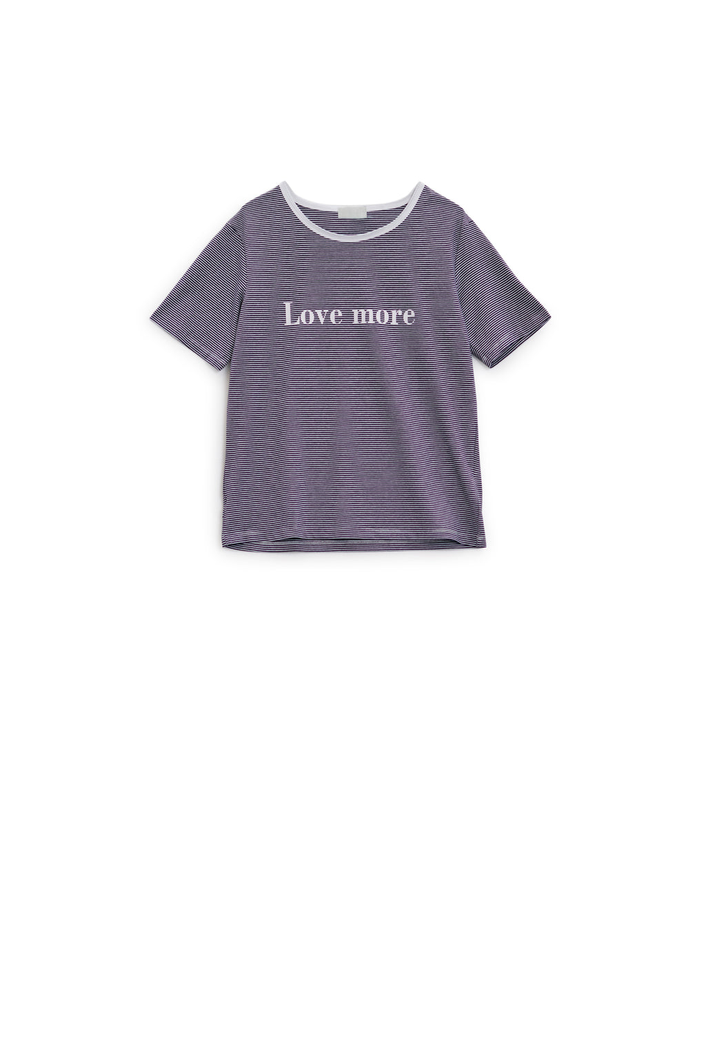 White T-shirt with black stripes and Love More texted